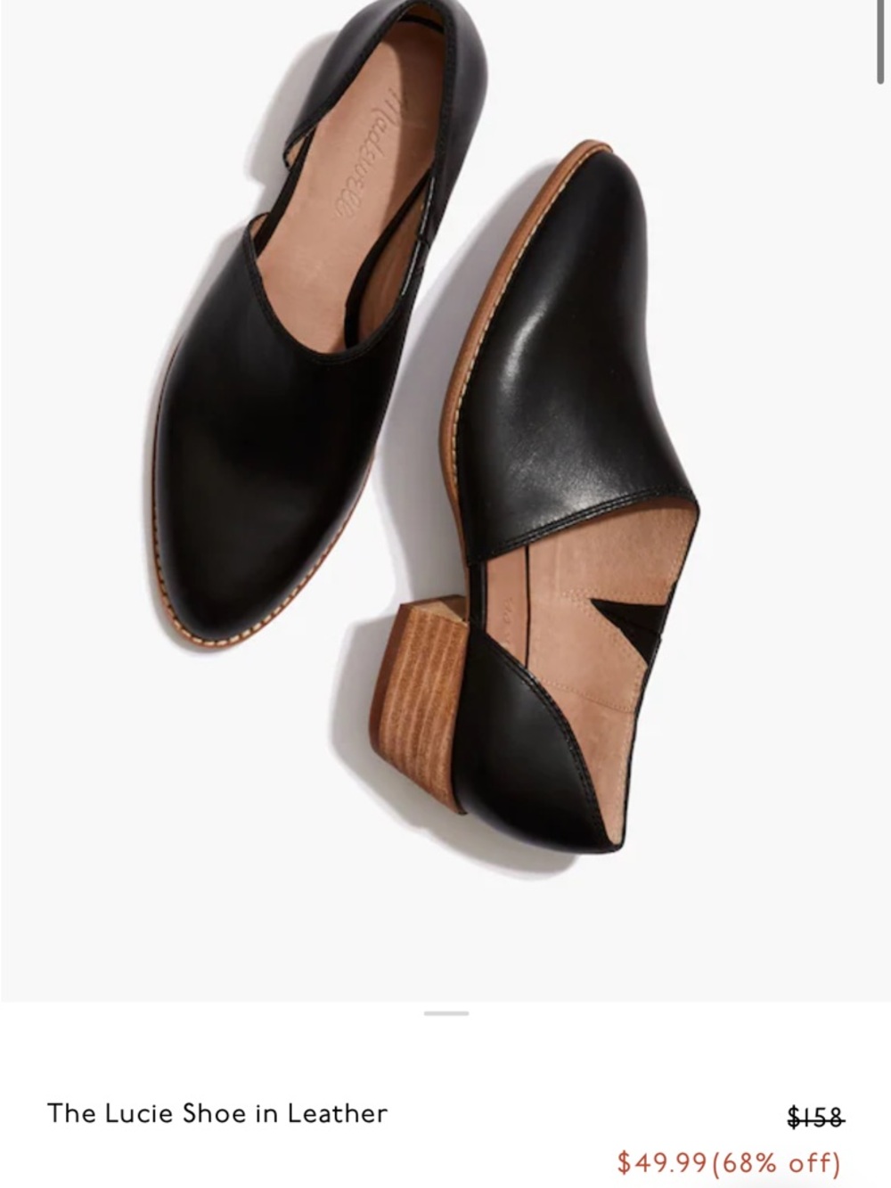 NWT Madewell The Lucie Shoe in Leather, Black Low Heel Mules